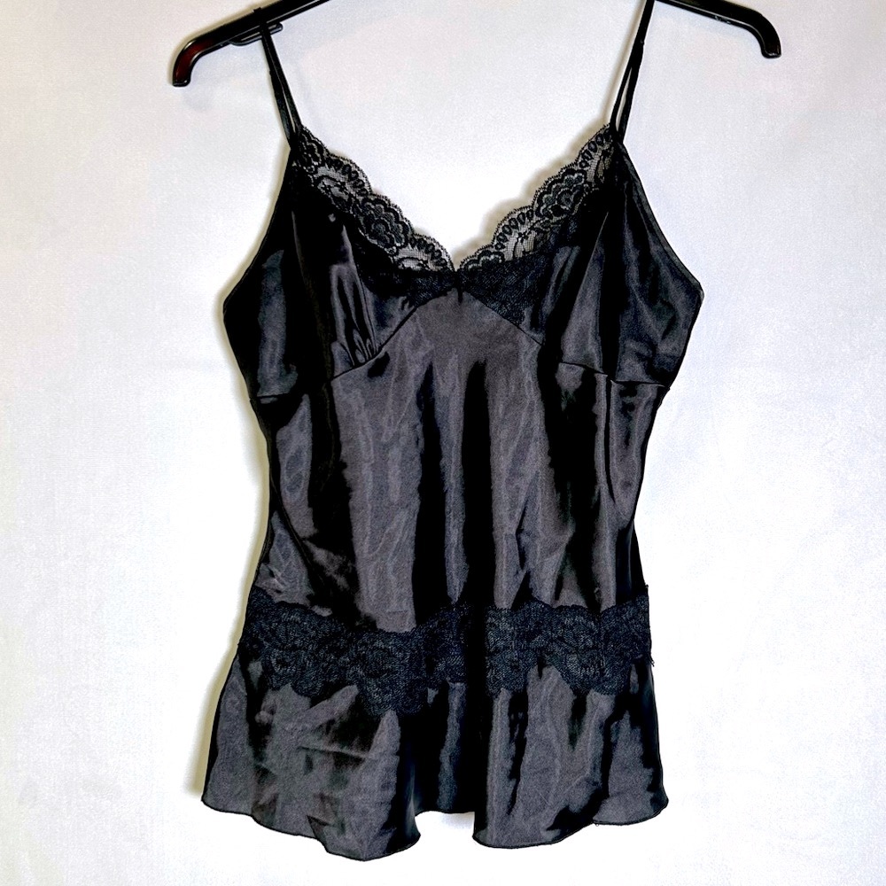 Black Lace-Trim Satin Y2K Vintage Babydoll Top